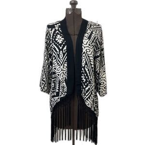 Flying Tomato Black and White Tribal Kimono Duster w/ black fringe Boho Size S